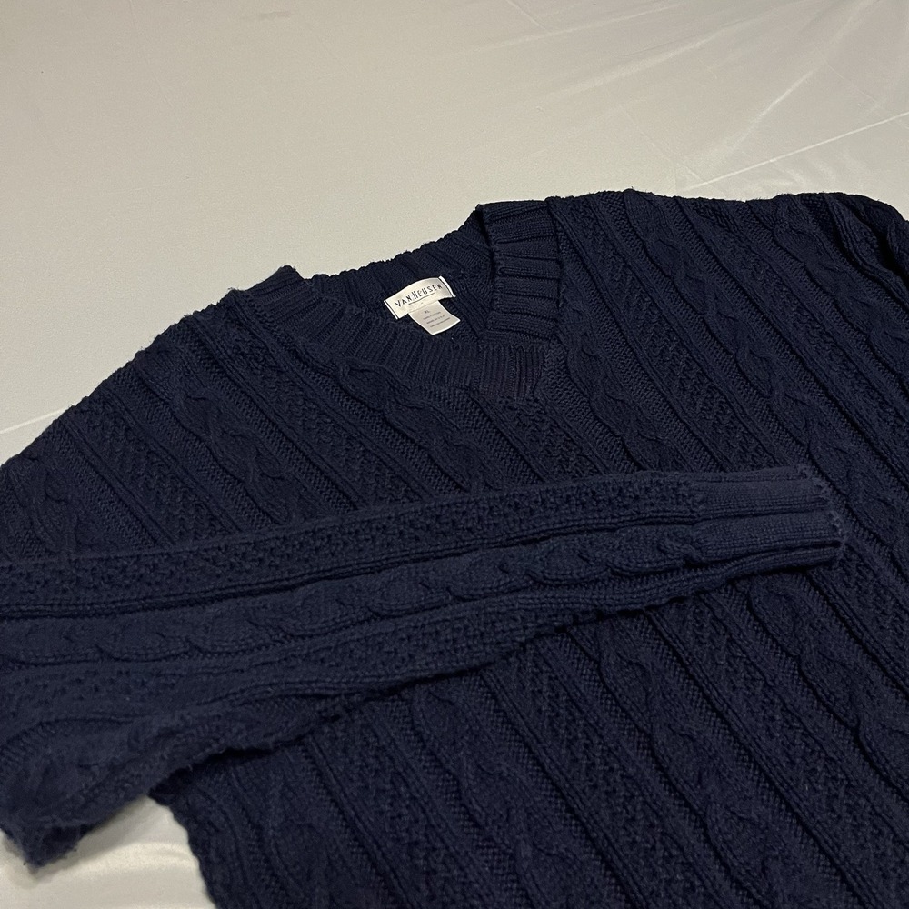 Vintage 90s Tennis V-Neck Sweater Mens XL Navy Blue Cable Knit USA Made Preppy
